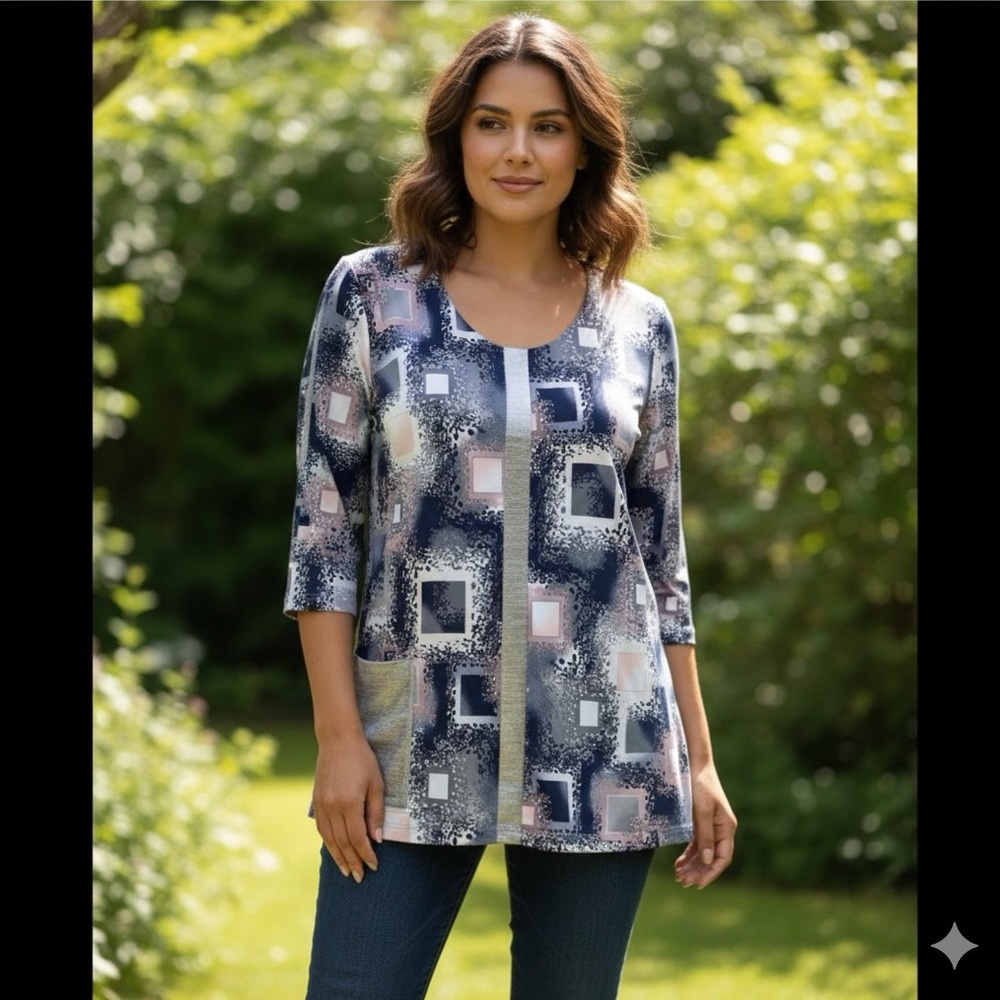 Beautiful Blouse blue/pink/silver trim, short sleeve,  2X